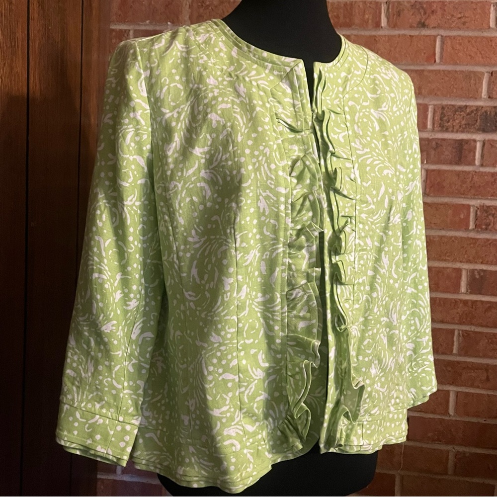 Kim Rogers Petite Women PL Lime Green Linen Blazer Jacket Ruffle 3/4 Sleeve
